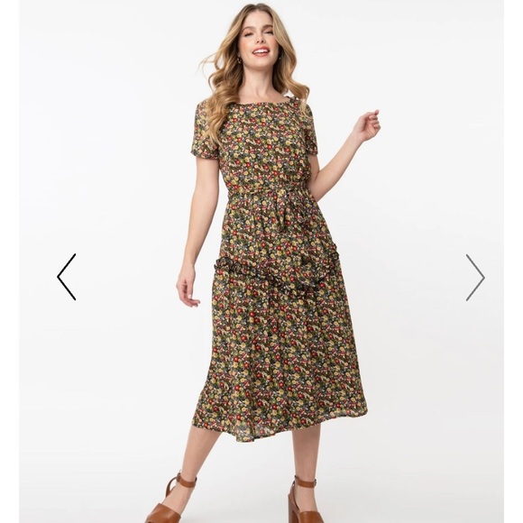 1940s Black & Multicolor Floral Print Midi Dress - Picture 1 of 13